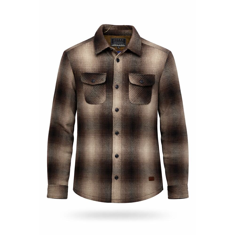 JACHS NY Plaid Wool Blend Shacket Men M Brown Tan Shirt Jacket Side‎ Pockets EUC